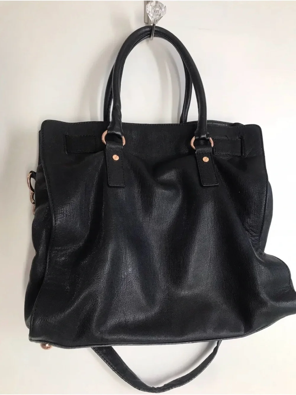 Michael Kors Black Hamilton Leather medium Satchal Tote with Rose Gold hardware